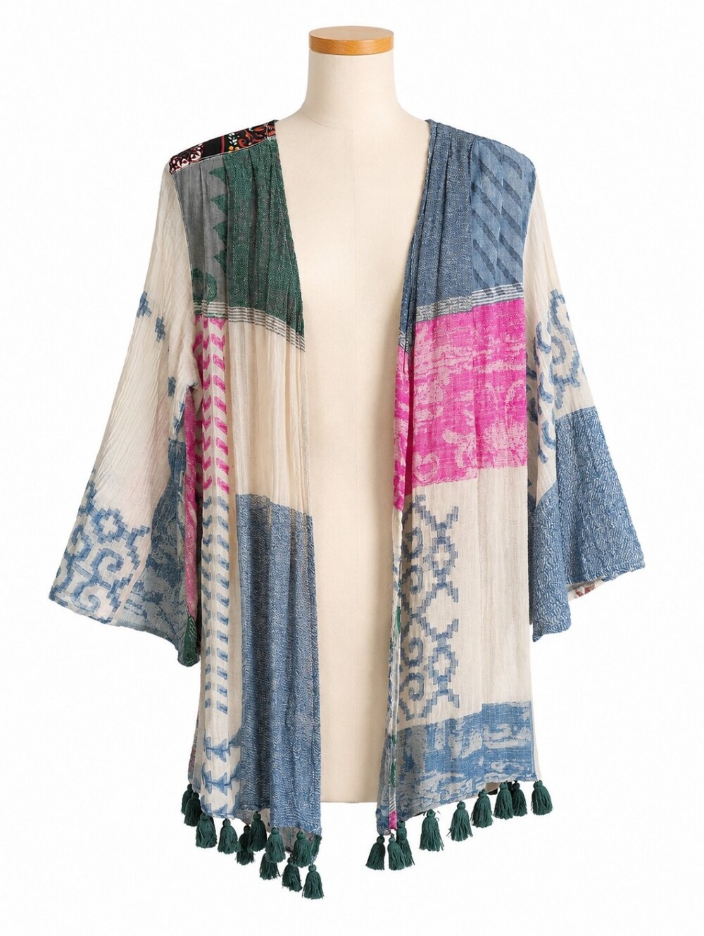 Avani Patchwork Kimono Cardigan Small Boho Lace Floral Knit Tassel Open Front